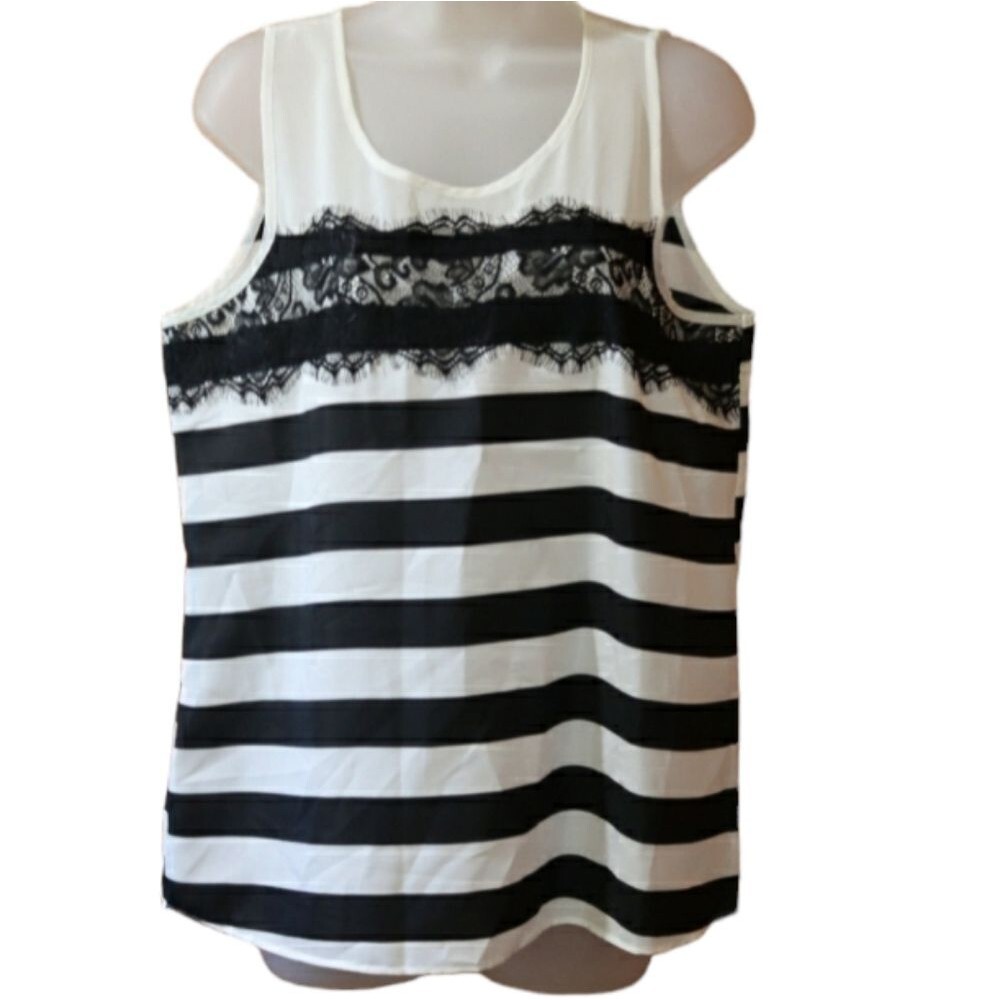 Charming Charlie Black & White Striped Lace Detail Y2K Sleeveless Top Medium